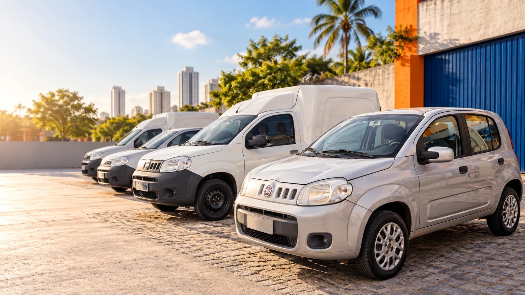 Frota compacta de veículos estacionada ao pôr do sol.